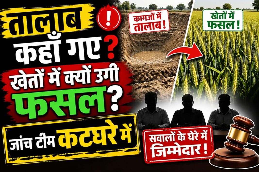 मैहर जिले में मनरेगा योजना के तहत खेत तालाब घोटाले पर सवाल, सूखे तालाब और खेतों में खड़ी फसल का दृश्य