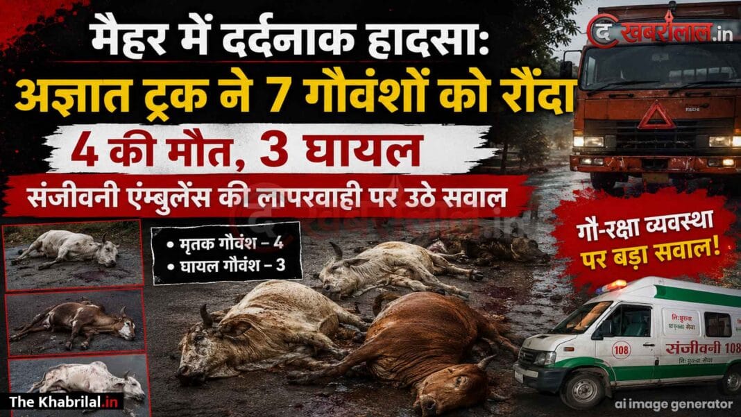 मैहर में दिल दहला देने वाला हादसा, तेज रफ्तार अज्ञात ट्रक ने 7 गौवंशों को बेरहमी से रौंदा; 4 की मौके पर मौत, 3 गंभीर: संजीवनी पशु एंबुलेंस की खुली पोल; न दवा मिली न इंजेक्शन, तड़पती रहीं घायल गौमाता मैहर में दिल दहला देने वाला हादसा, तेज रफ्तार अज्ञात ट्रक ने 7 गौवंशों को बेरहमी से रौंदा; 4 की मौके पर मौत, 3 गंभीर: संजीवनी पशु एंबुलेंस की खुली पोल; न दवा मिली न इंजेक्शन, तड़पती रहीं घायल गौमाता