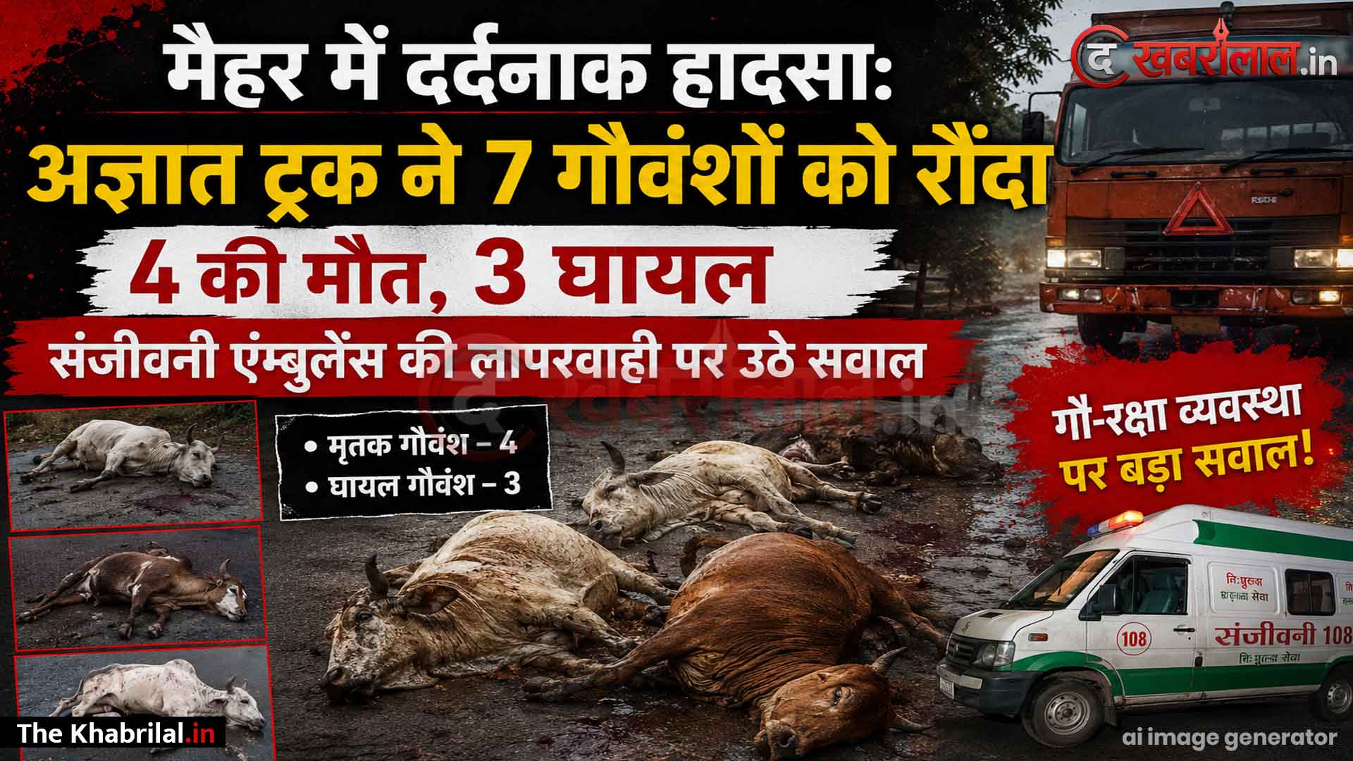 मैहर में दिल दहला देने वाला हादसा, तेज रफ्तार अज्ञात ट्रक ने 7 गौवंशों को बेरहमी से रौंदा; 4 की मौके पर मौत, 3 गंभीर: संजीवनी पशु एंबुलेंस की खुली पोल; न दवा मिली न इंजेक्शन, तड़पती रहीं घायल गौमाता