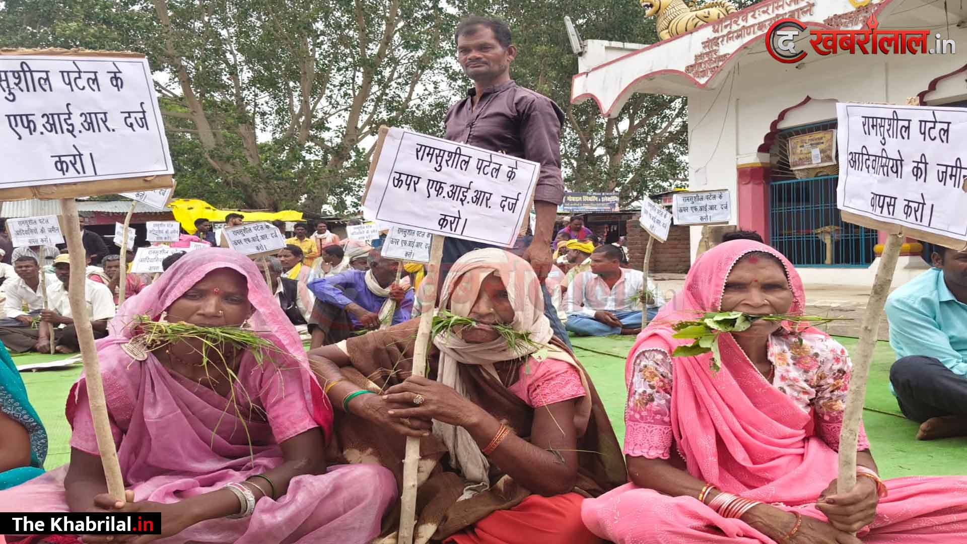 मैहर में आदिवासियों का मुंह में चारा दबाकर अनूठा प्रदर्शन, पूर्व नप अध्यक्ष रामसुशील पटेल पर 39 एकड़ जमीन हड़पने का आरोप: ‘रास्ता बंद कर भूखा-प्यासा तड़पाया, जेल भेजने की दे रहे धमकी’