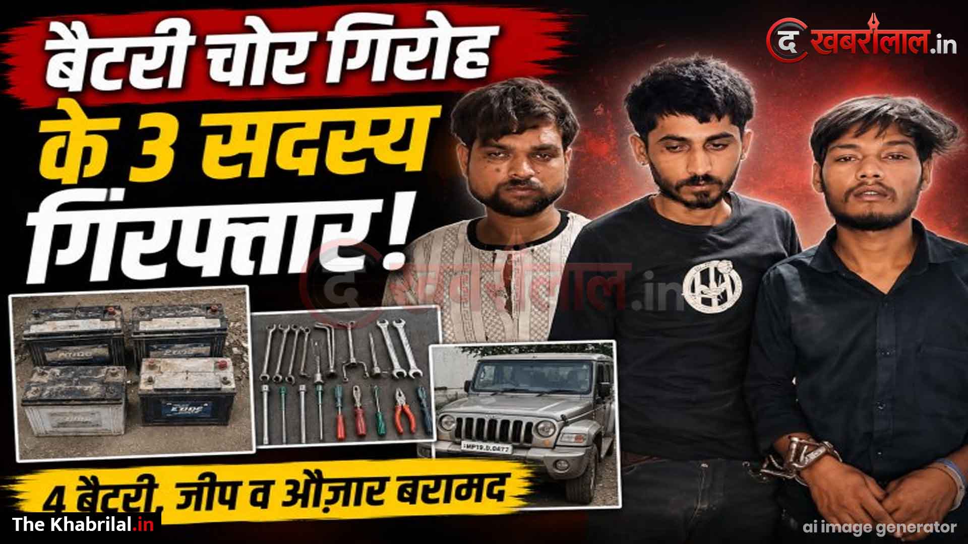 सतना में खड़े ट्रकों से बैटरी उड़ाने वाले अंतरजिला गिरोह का भंडाफोड़, तीन शातिर चोर गिरफ्तार; वारदात में प्रयुक्त जीप, ४ बैटरियां और २० औजार बरामद; ट्रक चालकों की मुस्तैदी से चढ़े पुलिस के हत्थे