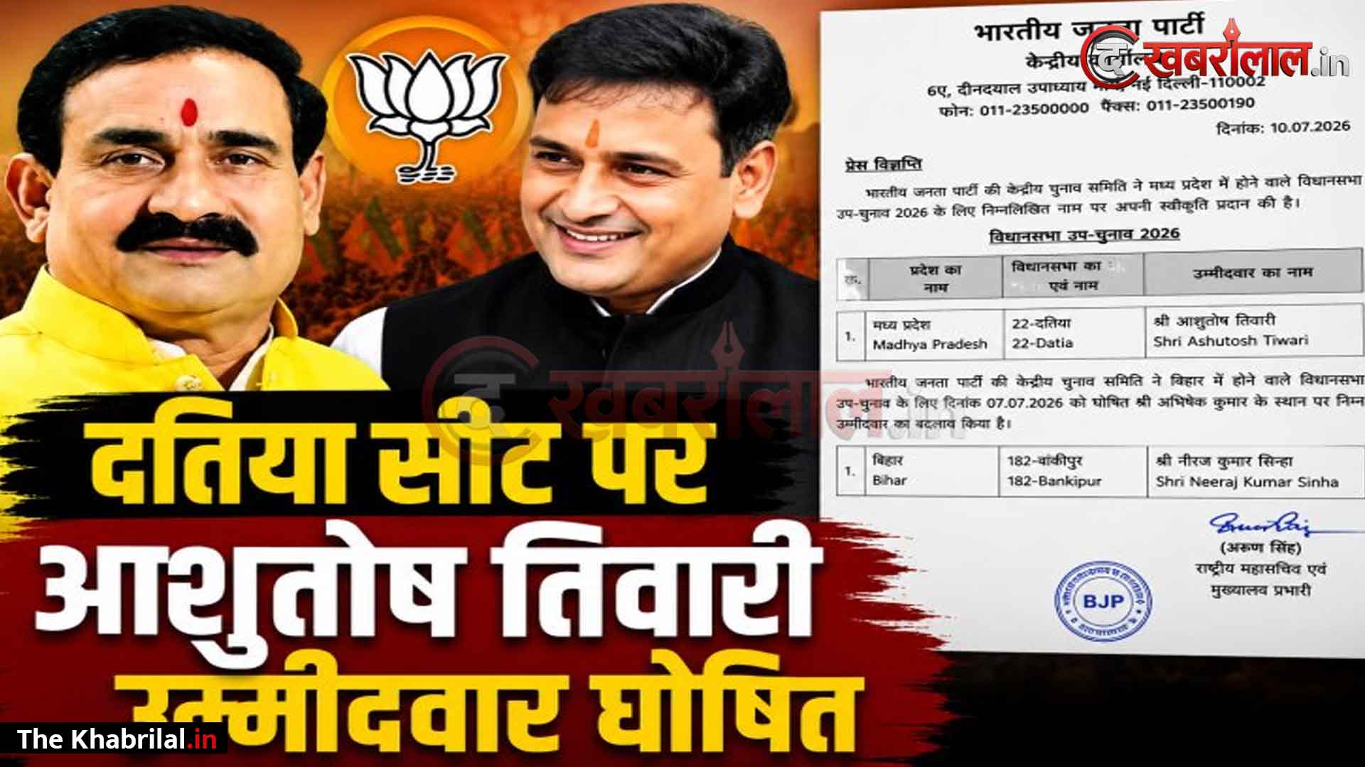 दतिया उपचुनाव में बड़ा सियासी उलटफेर, BJP ने काटा पूर्व गृहमंत्री नरोत्तम मिश्रा का टिकट: संघ के करीबी आशुतोष तिवारी पर खेला दांव; लिस्ट आते ही दतिया में बगावत की आग, जिला अध्यक्ष समेत पूरी कार्यकारिणी का सामूहिक इस्तीफा