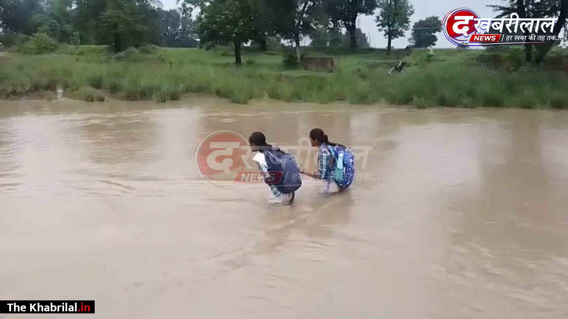 बारिश में बेहाल हुआ मैहर: करौंदी में जान जोखिम में डालकर पानी पार कर रहे स्कूली बच्चे; ₹236 लाख का प्रस्ताव पास, फिर भी फाइलों में अटका निर्माण