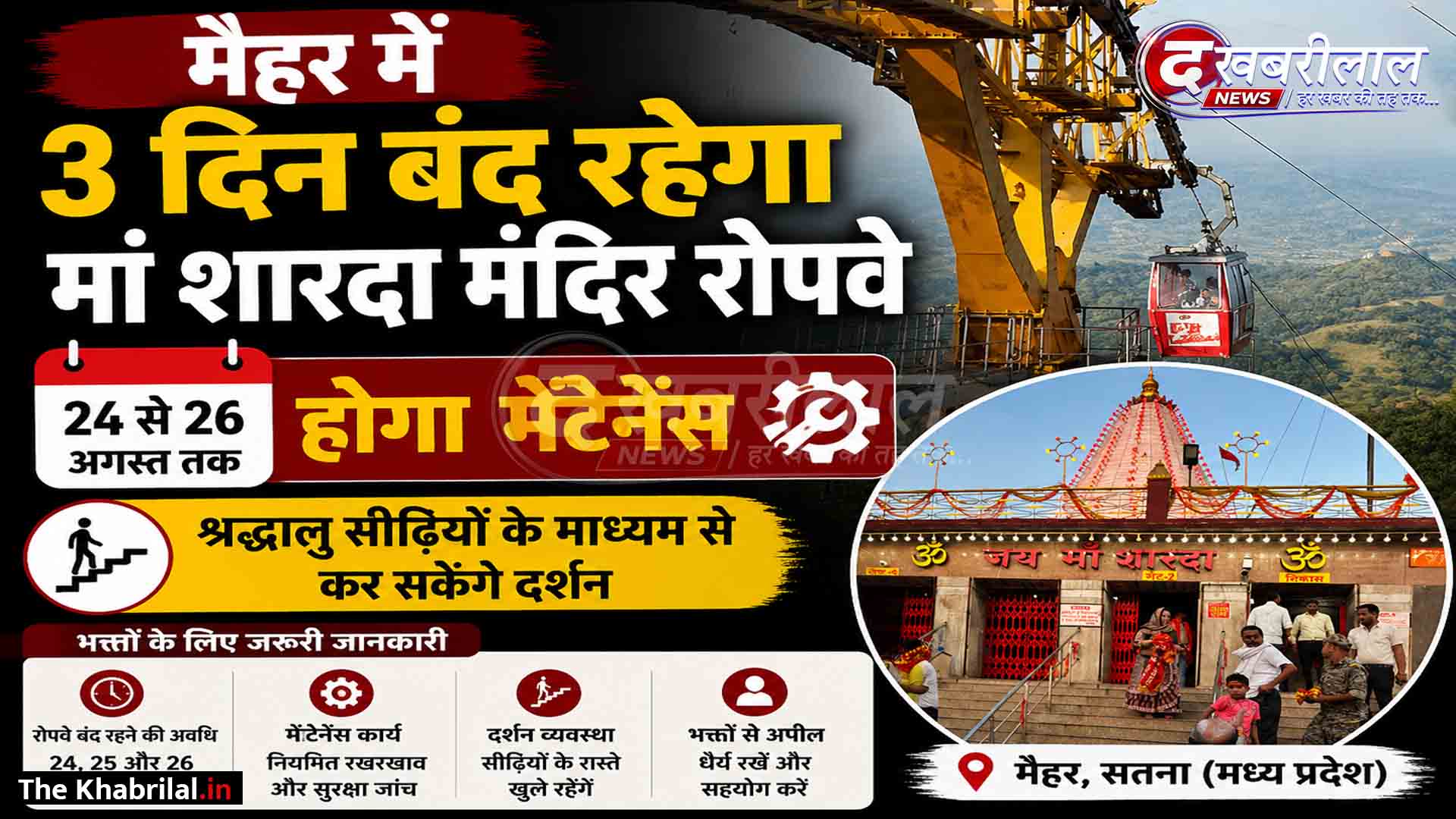 मैहर में मां शारदा मंदिर का रोपवे 24 से 26 अगस्त तक रहेगा बंद: 3 दिनों तक चलेगा मेंटेनेंस कार्य; सीढ़ी और वैन मार्ग से दर्शन करेंगे श्रद्धालु